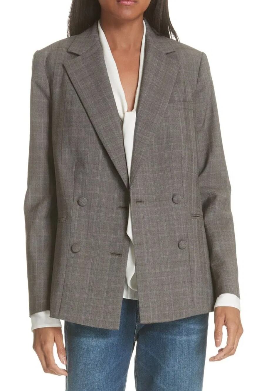 FRAME Double Breasted Wool Tan Gray Plaid Blazer Jacket Size 4 EUC $498